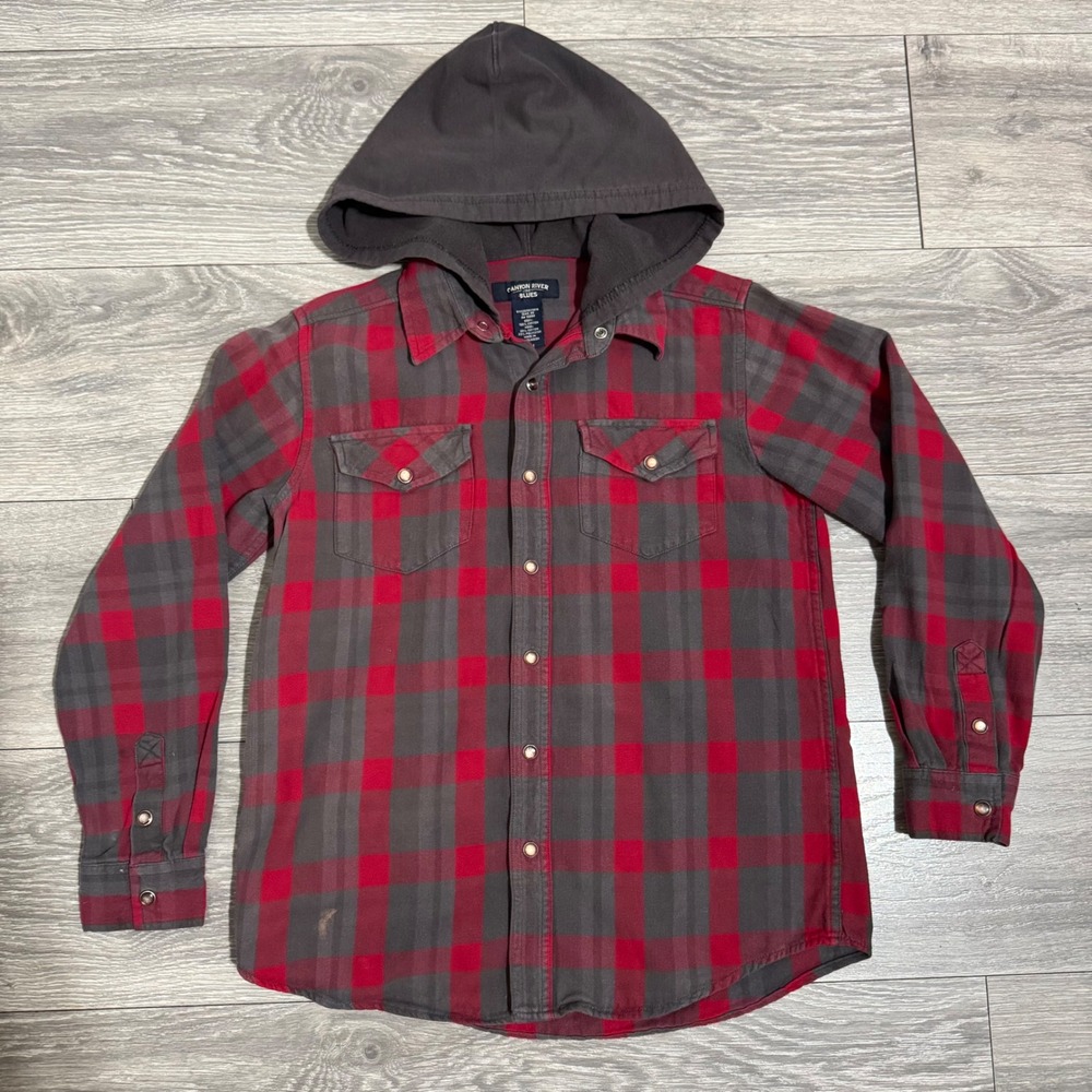 Canyon River Blues‎ Kids Red Gray Plaid Flannel Hooded Buttondown Shirt Sz M